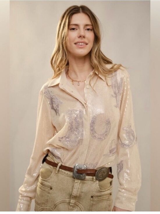 Blue B Collection Tops - Blue B Western Embroidered Sequin Button Down Shirt